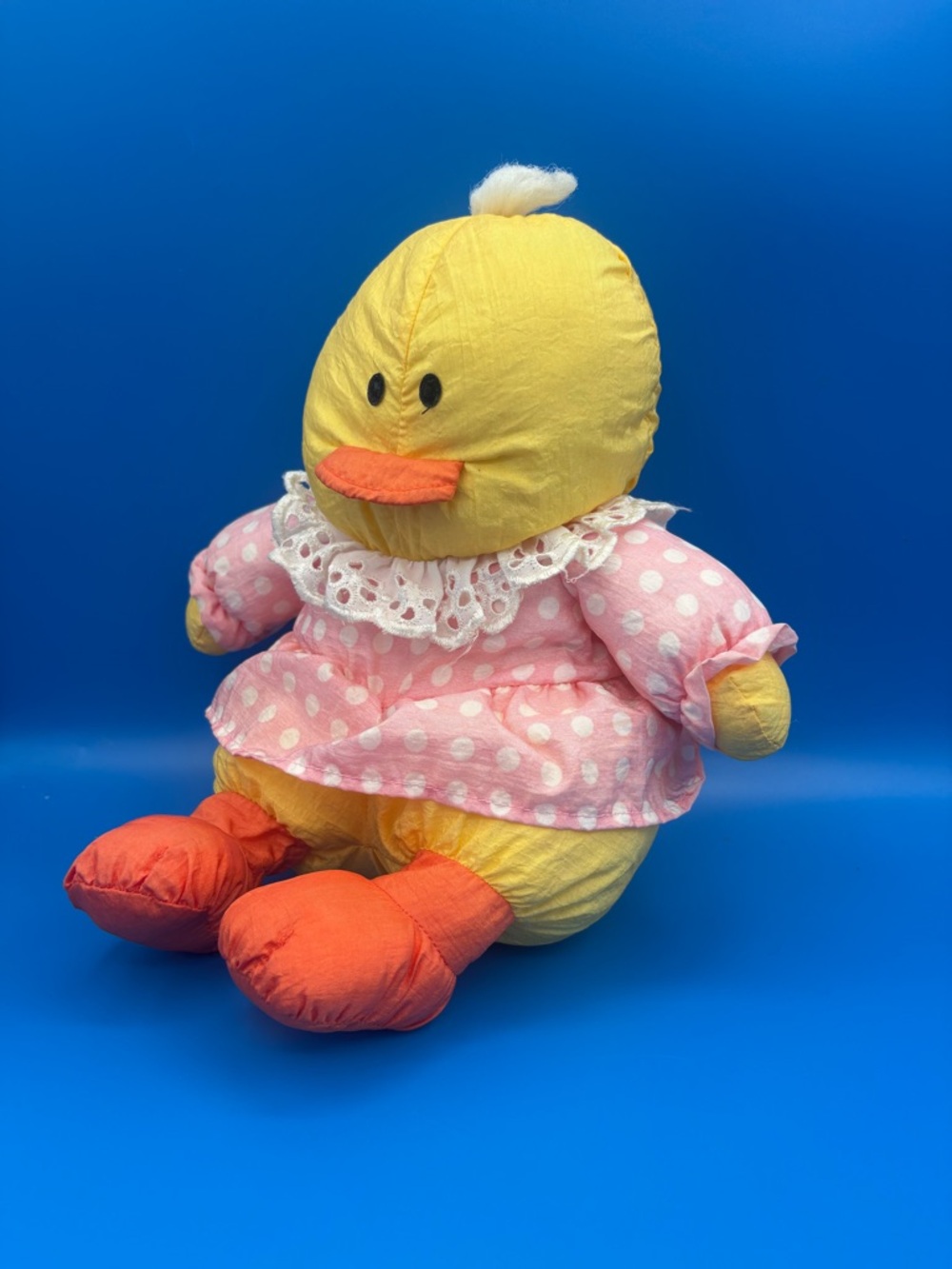 Vintage 1980s Dakin Duck Plush Doll in Pink Polka Dot Dress (10")